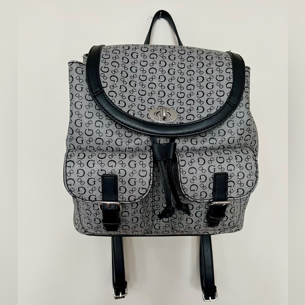 GUESS Black and Grey Faux Leather Signature Logo Casual Drawstring Backpack Bag